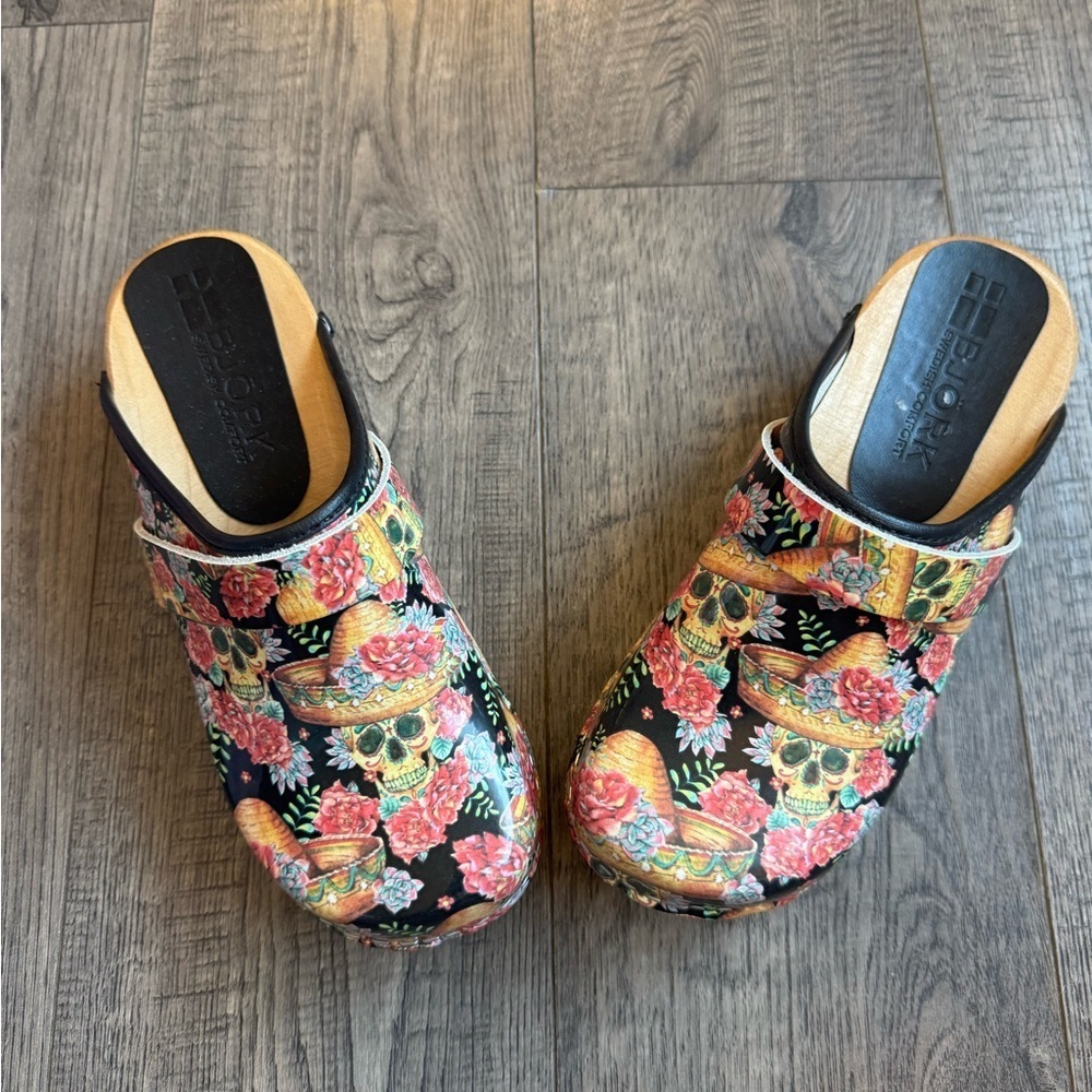 Björk Swedish Vera Wood Open Back Leather Clogs- Multi- Size EU 36 - Picture 3 of 8